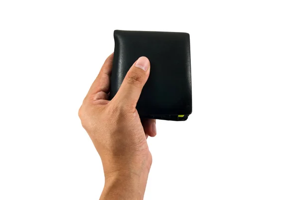 Рука тримає гаманець ізольовано на білому тлі — стокове фото