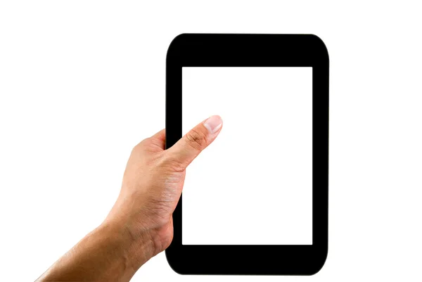 Ręka trzyma tabletkę z pustego ekranu na białym tle — Zdjęcie stockowe