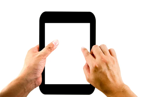 빈 화면을 흰색 배경에 고립 된 태블릿을 들고 손 — 스톡 사진