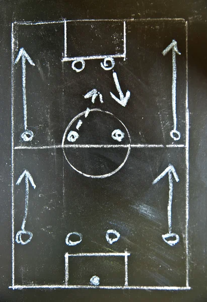 Voetbal (soccer) tactiek puttend uit schoolbord, 4-4-2 vorming. — Stockfoto