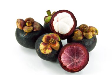 Mangosteen fruit and cross section showing white flesh of the queen of fruits. clipart