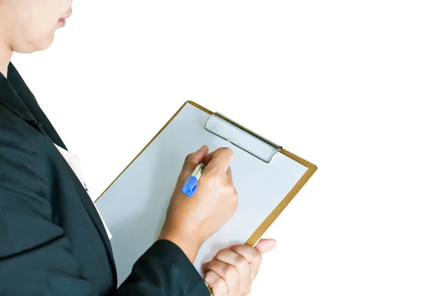Business woman taking note on clipboard — Stock Photo, Image