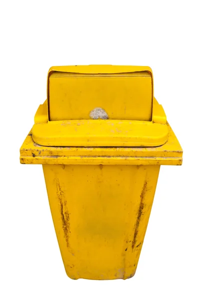 Żółty recyklingu bin na białym tle na biało ze ścieżką przycinającą — Zdjęcie stockowe