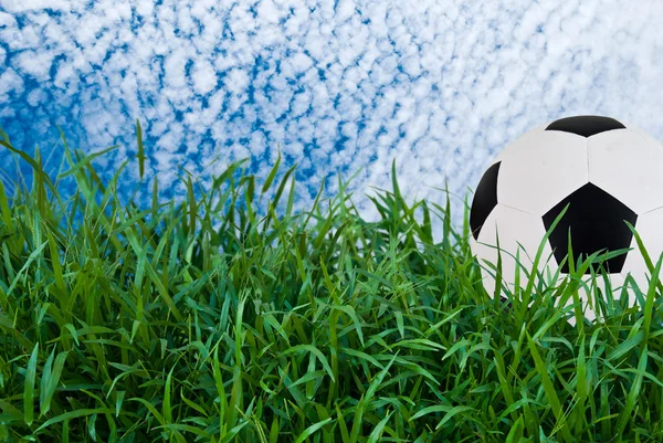 Футбол или футбольный мяч на зеленой траве с голубым небом — стоковое фото