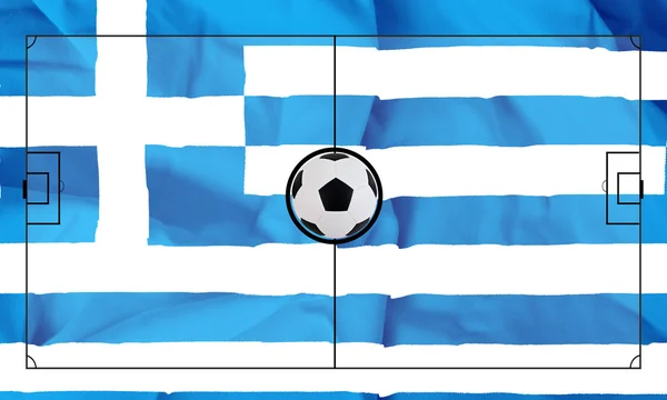 Soccer field layout on realistic Greece flag background — Stock Photo, Image