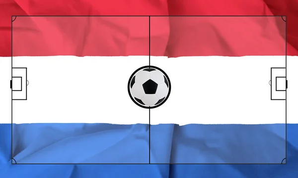 Fußballplatz-Layout auf realistischem Hintergrund der niederländischen Flagge — Stockfoto