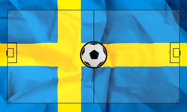 Soccer field layout on realistic Sweden flag background — Stock Photo, Image