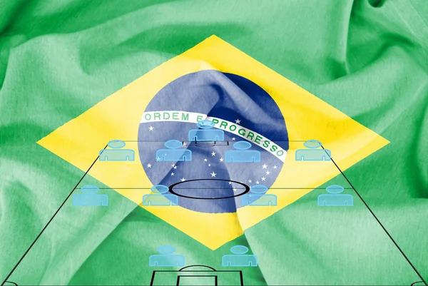 Táticas de futebol 4-4-2 formação com fundo de bandeira Brasil realista — Fotografia de Stock
