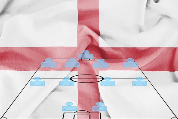 Football tactics 4-4-2 formation with realistic England flag background