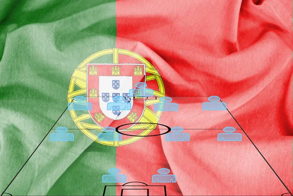 Football tactics 4-4-2 formation with realistic Portugal flag background