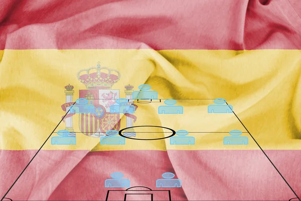 Football tactics 4-4-2 formation with realistic Spain flag background
