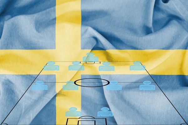 Football tactics 4-4-2 formation with realistic Sweden flag background