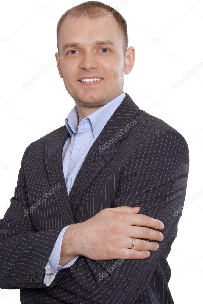 Closeup portrait of a happy young business man isolated on white background