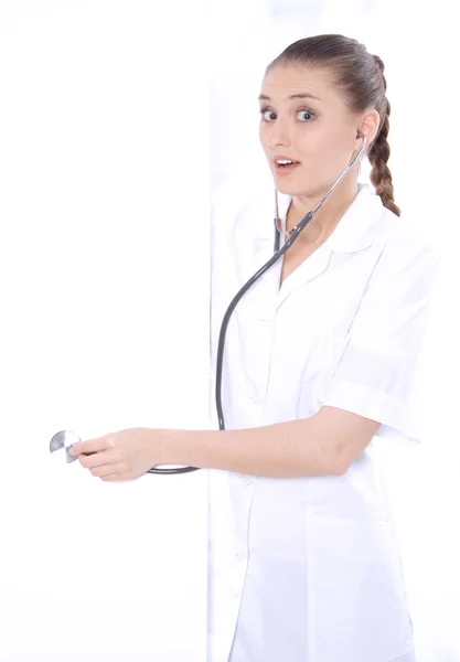 Happy female physician with a white banner — Stock Photo, Image