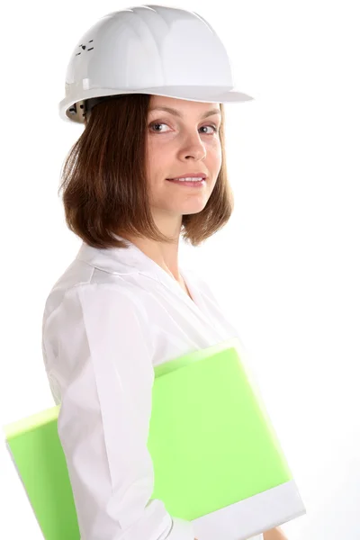 Vrouwelijke engineering geïsoleerd op witte achtergrond — Stockfoto