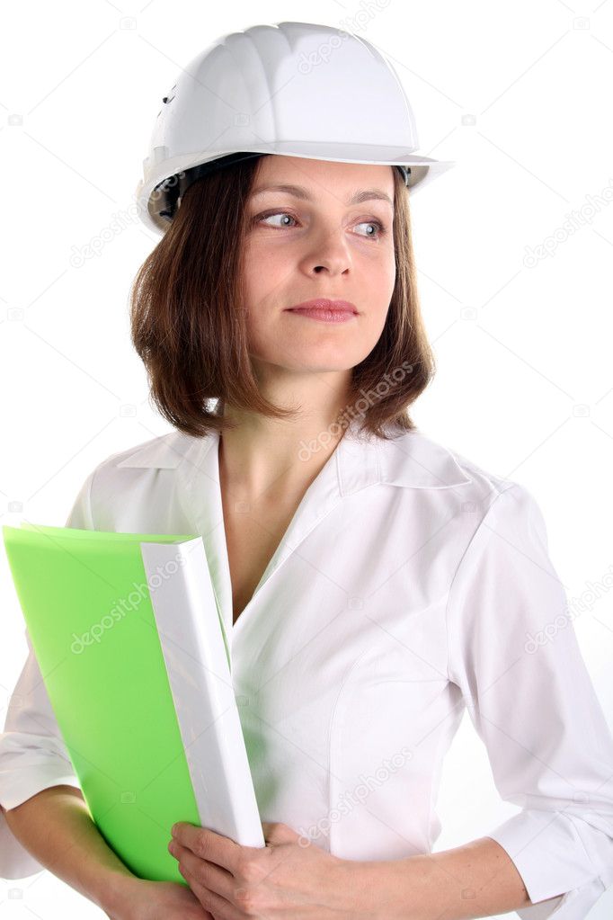 Girl in a hard hat with green folder for documents
