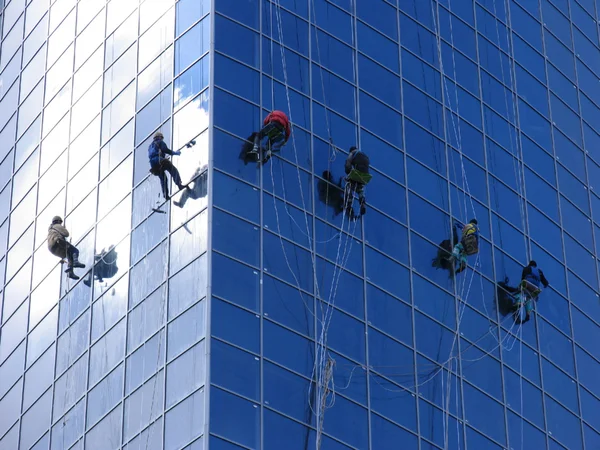 Seis trabalhadores lavando janelas — Fotografia de Stock