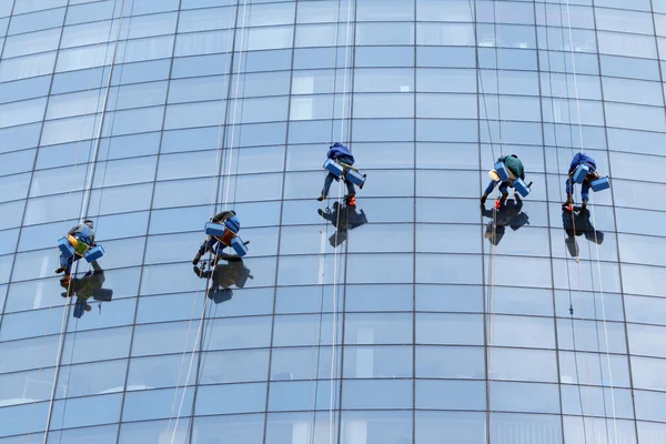 Fünf Arbeiter beim Fensterputzen im Bürogebäude — Stockfoto
