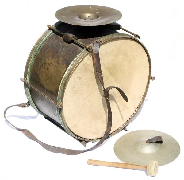 Big vintage orchestral drum with cymbals and beater on white bac — Stock Photo, Image
