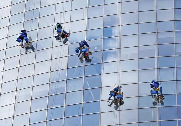 Sei operai che lavano finestre — Foto Stock