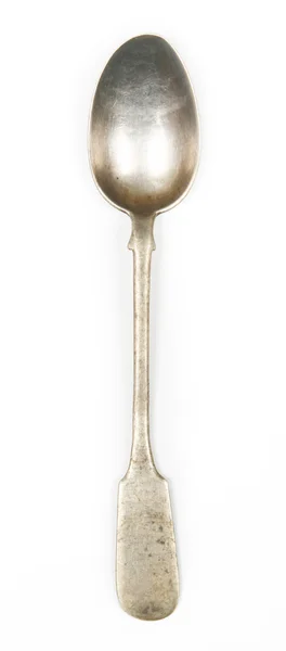 Old silver spoon on white background — Stock Photo, Image