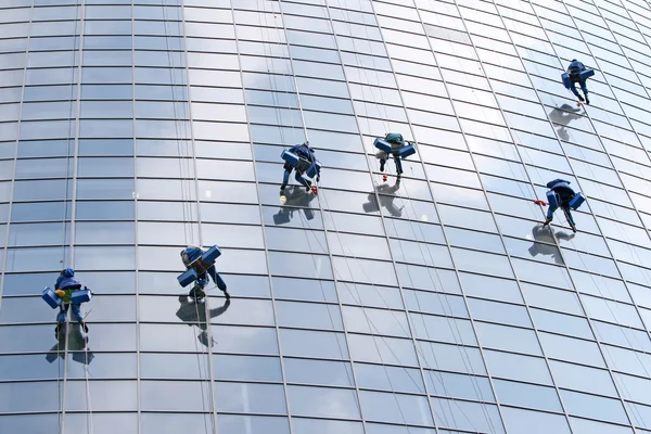 Шість мийок миють вікна сучасної будівлі — стокове фото