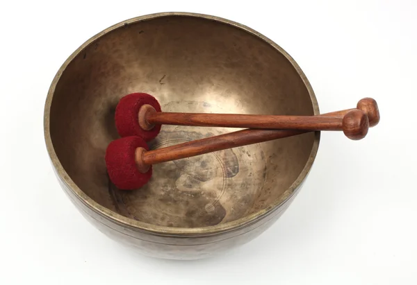 Tibetan singing bowl with felt mallets — Stock Photo, Image