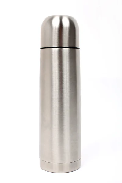 Metallic thermos isolated on white background. Studio photograph — Stock Photo, Image