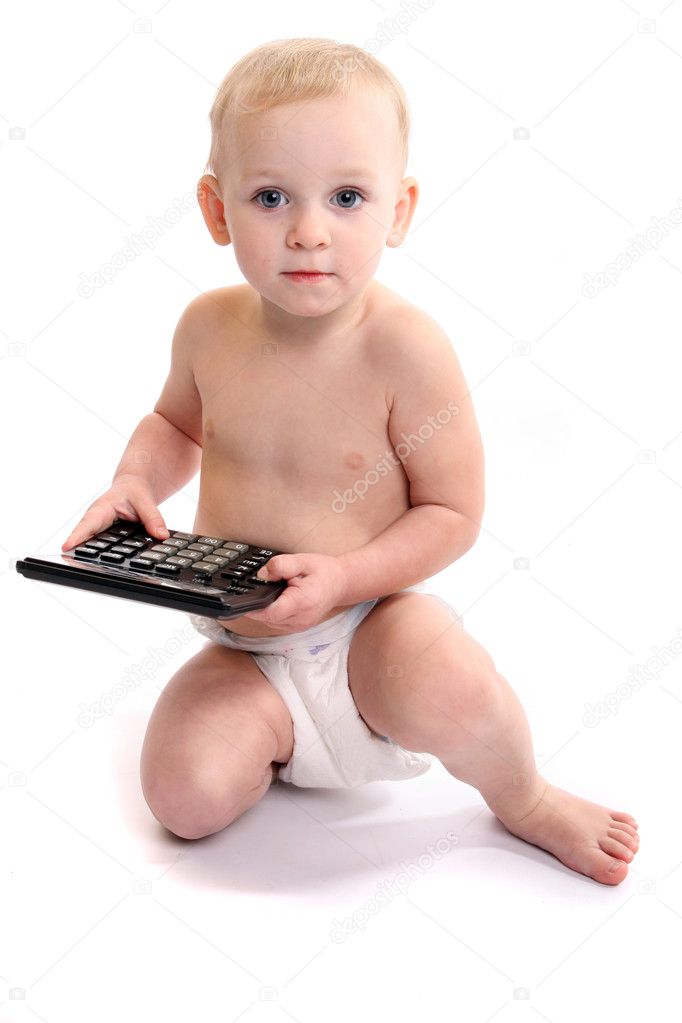 Little baby used calculator. Studio shot over white