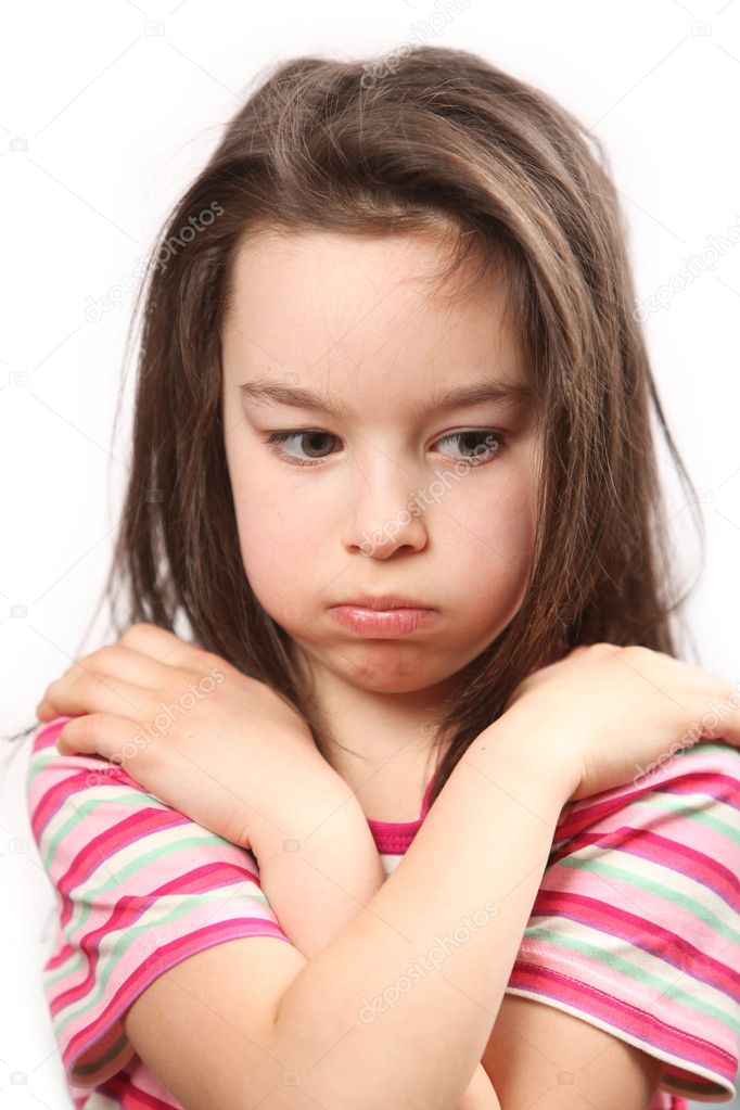 Offended capricious girl over white background