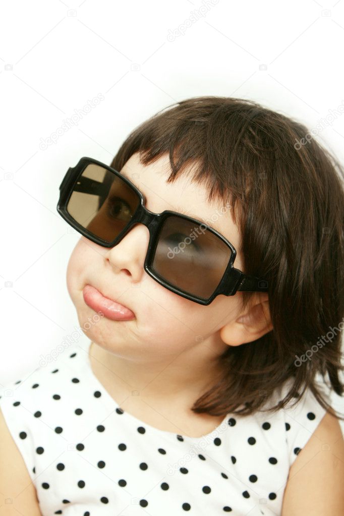 Girl in big black glasses isolated on white