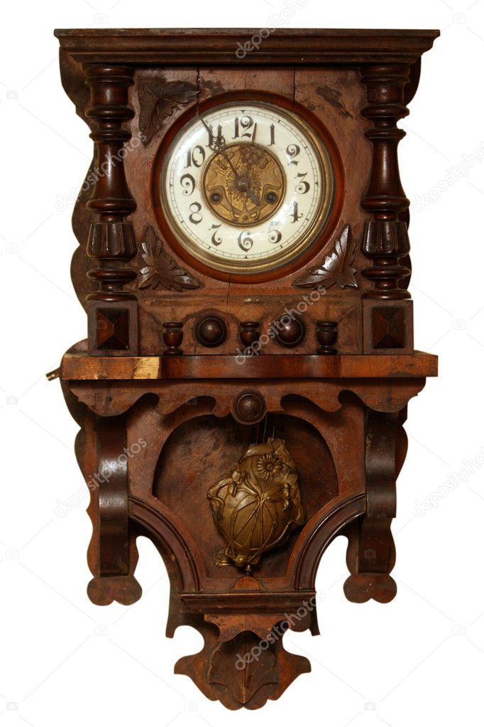 Vintage wooden clock isolated on white background