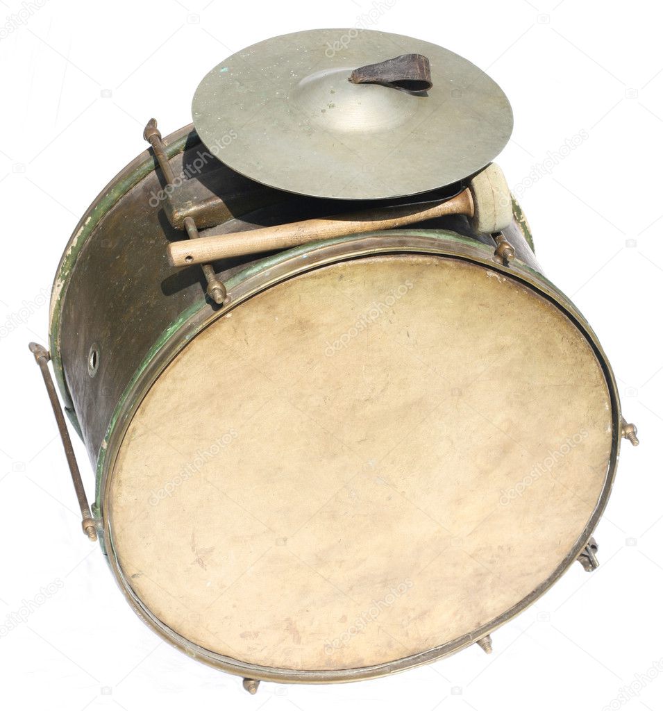 Big vintage orchestral drum on white background