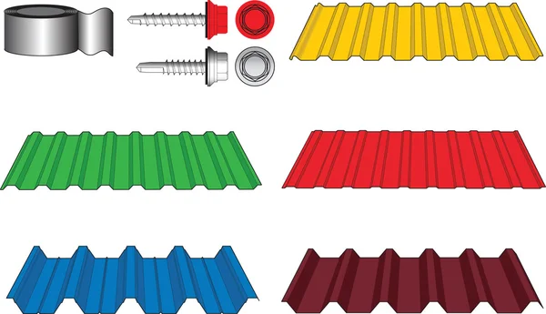 Baldosas metálicas corrugadas para cubierta de techo, tornillos y adhesivos — Archivo Imágenes Vectoriales