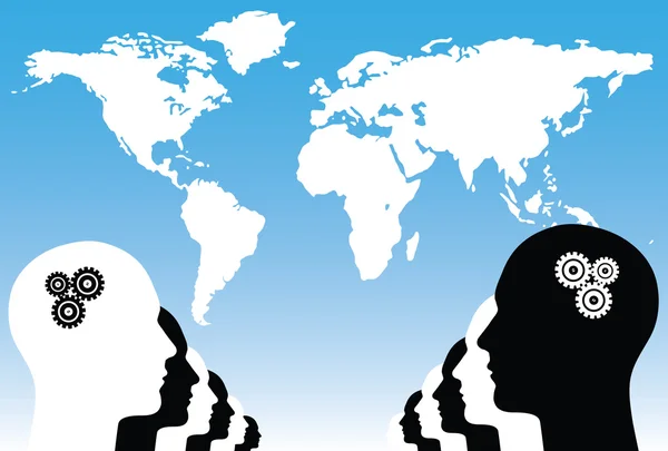 Cabezas humanas blancas y negras en el frente del mapa mundial — Vector de stock
