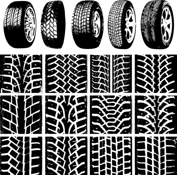 Roues de voiture et pistes de pneus — Image vectorielle