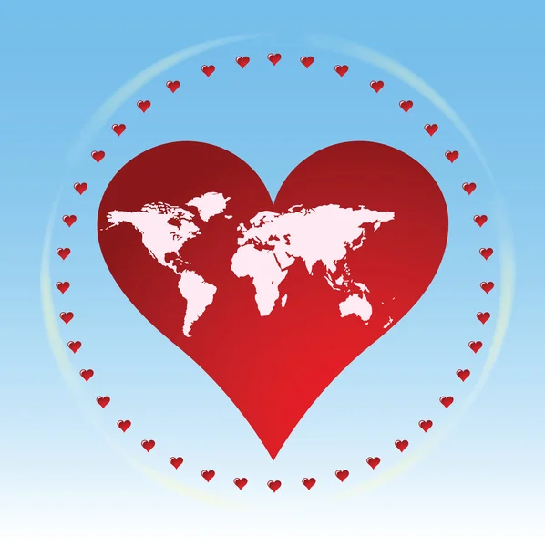 Kırmızı bir kalp içinde Dünya Haritası — Stok Vektör
