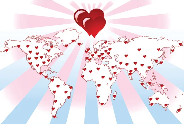 Rode harten aan de voorkant van wereldkaart — Stockvector