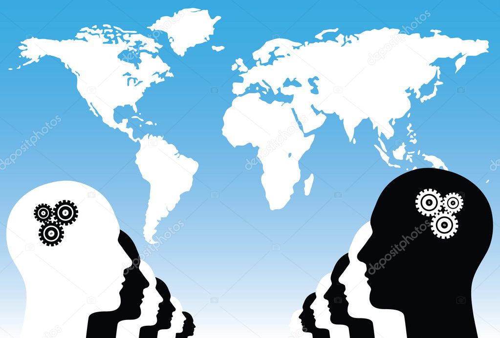 Black and white human heads in the front of world map