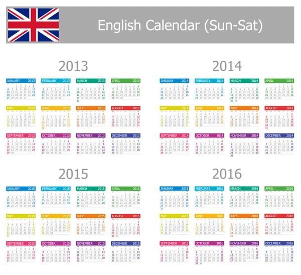 2013-2016 Type-1 English Calendar Sun-Sat — Stock Vector