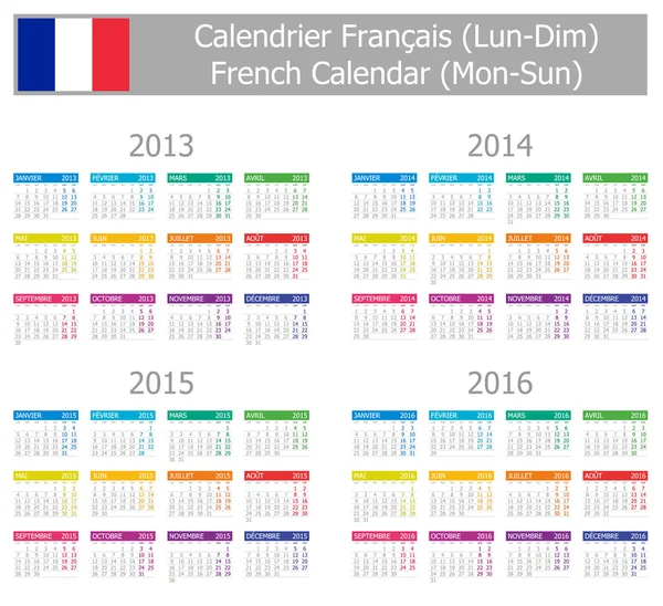 2013-2016 Type-1 French Calendar Mon-Sun — Stock Vector