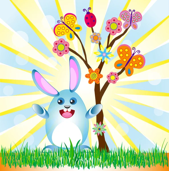 Пасхальный кролик на фоне летней елки — стоковый вектор