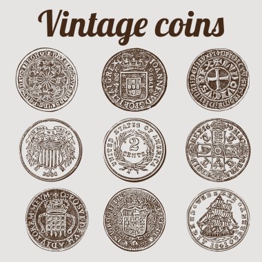 Silver coins collection / vintage illustration clipart