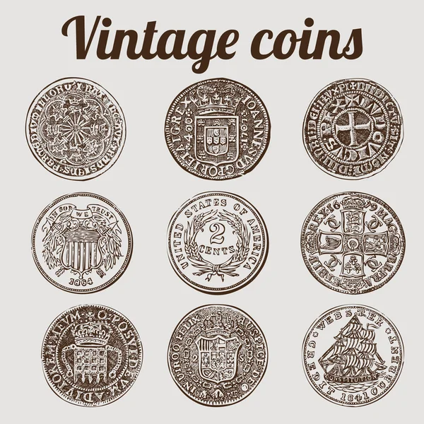 Коллекция серебряных монет / винтажная иллюстрация — стоковый вектор