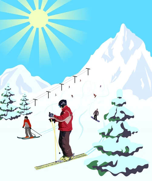 冬のスキーヤーとの旅行風景 — ストックベクタ