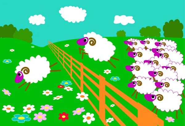 Moutons sautant par-dessus la clôture — Image vectorielle