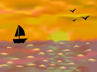 Sailing boat at sunset clipart