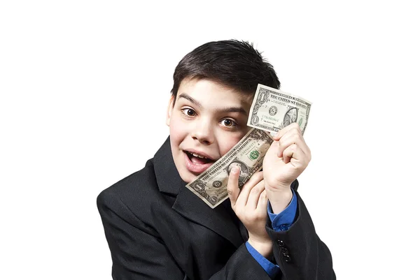 Fiú boldog monetáris díjak ellen — Stock Fotó