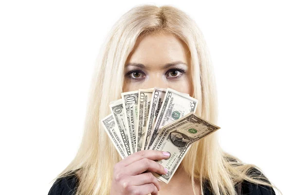 Menina bonita segurando dinheiro — Fotografia de Stock