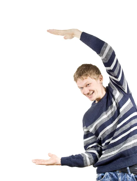 Guy alza le mani sul lato isolato su sfondo bianco — Foto Stock